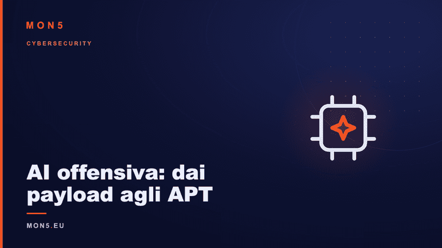 Schermo con codice malware e simboli di intelligenza artificiale che evidenziano la generazione automatizzata di payload