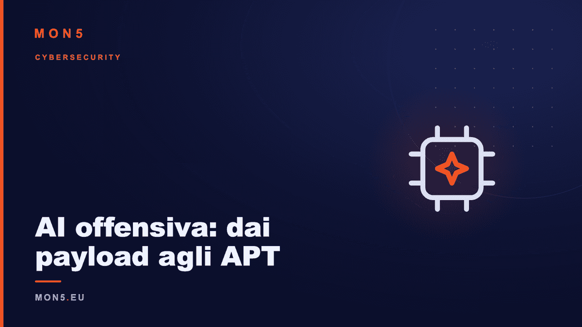 Schermo con codice malware e simboli di intelligenza artificiale che evidenziano la generazione automatizzata di payload