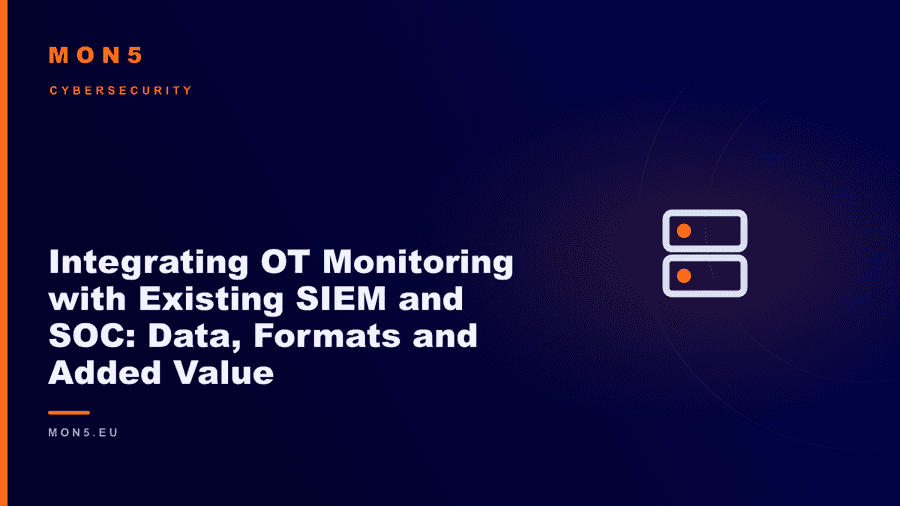 Integration diagram between OT monitoring sensors and a SIEM platform with a SOC, showing normalized data flows and correlation of IT and OT events
