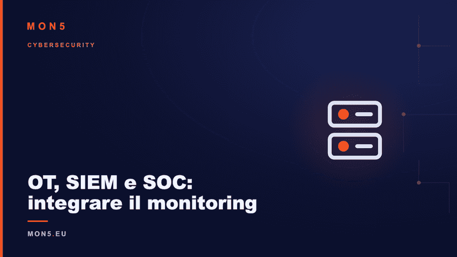Diagramma di integrazione tra sensori di monitoring OT e piattaforma SIEM con SOC, con flussi di dati normalizzati e correlazione eventi IT e OT