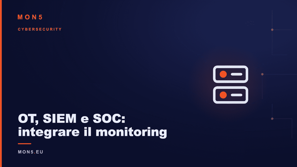 Diagramma di integrazione tra sensori di monitoring OT e piattaforma SIEM con SOC, con flussi di dati normalizzati e correlazione eventi IT e OT