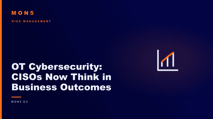 A CISO reviews dashboards showing risk metrics and production continuity for an industrial plant
